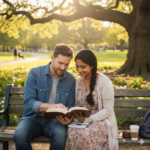A man and woman studying the Holy Bible together in a park