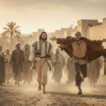 Blind Bartimaeus casting off his cloak and running to Christ